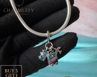 Small Suitcase Plane Camera Bracelet Charms | Compatible Charms | Sterling Silver 925 Charms | Gift Charms |