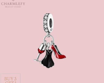 Charm para pulsera de plata de ley 925 / Charm colgante para pulsera de vestido negro con forma de zapato rojo y copa de vino / Charm para pulsera de regalo / Compatible con pulseras Pandora