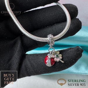 Small Ladybird & Flower Bracelet Charms | Fits Pandora Bracelets | Sterling Silver 925 Charms | Gift Charms | Buy 3 Charms Get 60% OFF