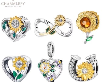 Silver 925 Bracelet Charms | Fits Pandora Bracelets | Yellow Sunflower Theme Bracelet Charm | Gift Bracelet Charm | Buy 3 Charms Get 60% OFF