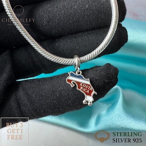 Costa Rica-bedel kleine kaart en vlag | Past op Pandora-armbanden | Sterlingzilveren 925-bedels | Cadeaubedels voor verjaardag Kerstmis