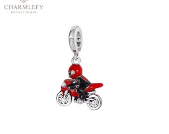 Silver Red Enamel Motorbike Dangle Charm | Compatible Charms | Sterling Silver 925 Charms | Gift For Him Her Birthday Christmas