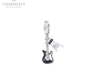 Silver Electric Guitar Dangle Charm | Compatible Charms | Sterling Silver 925 Charms | Gift For Him Her Birthday Christmas
