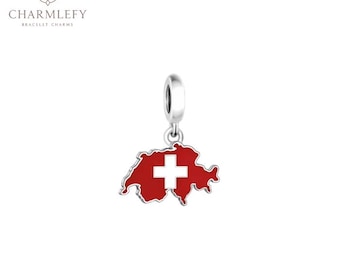 Switzerland Small Map & Flag Bracelet Charm | Compatible Charms | Sterling Silver 925 Charms | Gift Bracelet Charm For Mom Dad Friend