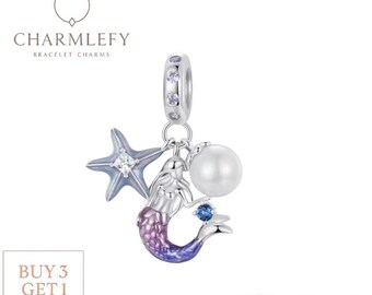 Charm para pulsera pequeña de sirena y perla/estrella / Charms para pulsera de plata 925 / Charms compatibles /