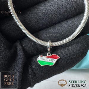 Bedel armband met kleine kaart en vlag van Hongarije | Past op Pandora-armbanden | Sterlingzilveren 925-bedels | Cadeaubedels voor verjaardag Kerstmis