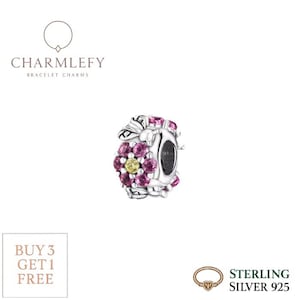 Pink Flower Bracelet Charm Bead | DIY Charms | Sterling Silver 925 Charm | Gift Charm  | Fits Pandora | Buy 3 Charms Get 60% OFF