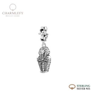 May include: A sterling silver charm featuring an Ankh symbol and a detailed sarcophagus design. The charm is suspended from a small loop, showcasing intricate patterns and textures. The word "CHARMLEFY" is printed at the top.