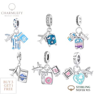 Travel Theme Bracelet Charms | Sterling Silver 925 | Fits Pandora Bracelets | Plane Suitcase Bracelet Charms | Buy 3 Charms Get 60% OFF