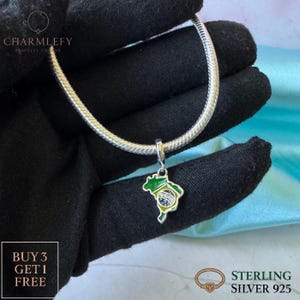 Armband bedel kleine kaart en vlag van Brazilië | Past op Pandora-armbanden | Sterlingzilveren 925-bedels | Cadeaubedels voor verjaardag Kerstmis