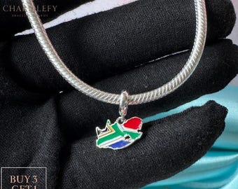 South Africa Small Map & Flag Bracelet Charm | Compatible Charms | Sterling Silver 925 Charms | Gift Charms |