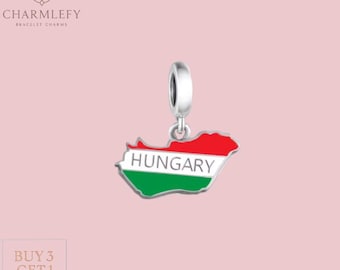 Hungary Small Map & Flag Bracelet Charm | Compatible Charms | Sterling Silver 925 Charms |
