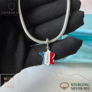 France Small Map & Flag Bracelet Charm | Fits Pandora Bracelets | Sterling Silver 925 Charms | Gift Charms | Buy 3 Charms Get 60% OFF