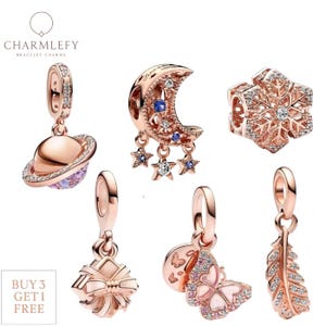 Rose Gold Plated Silver 925 Bracelet Charms | Fits Pandora Bracelets | Gift Bracelet Charms | Heart Shape Charms | Buy 3 Charms Get 60% OFF