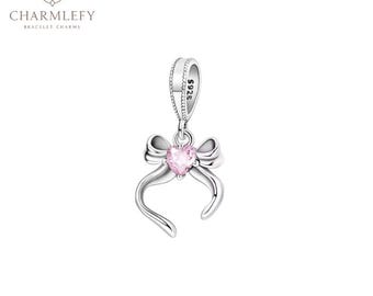 Silver Pink Heart Bow Dangle Charm | Compatible Charms | Sterling Silver 925 Charms | Gift For Him Her Birthday Christmas