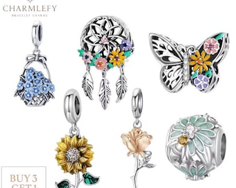 Floral Theme Bracelet Charms Silver 925 | Flower Bracelet Charms | Fits Pandora Bracelets | Gift Charms | Buy 3 Charms Get 60% OFF