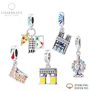 Travel Theme Bracelet Charms | Sterling Silver 925 | Fits Pandora Bracelet | Colosseum Pizza Tower Bracelet Charm | Buy 3 Charms Get 60% OFF
