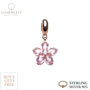 Pink Crystal Flower Bracelet Charm | Silver 925 Bracelet Charms | Fits Pandora Bracelets | Buy 3 Charms Get 60% OFF