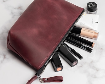 Neceser de maquillaje de piel auténtica con cremallera, neceser de belleza personalizado para mujer, organizador de maquillaje, estuche de aseo y cosméticos.