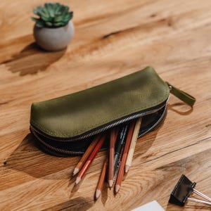 Leather Pencil Case Top Zip, Brush Pouch Organizer, Zipper Pen Storage Bag, Small Makeup Brush Holder