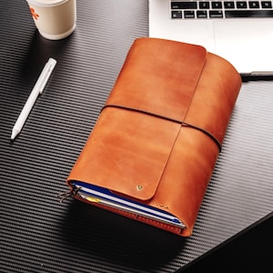 May include: A tan leather journal cover with a wrap-around design secured by a thin dark brown elastic cord. The cover features a small metallic stud detail on the front flap and contains multiple notebooks with blue and white pages inside.