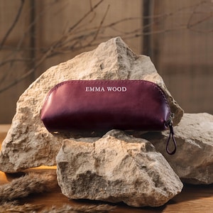 Burgundy Pen Pouch, Leather Pencil Case Personalized, Custom Pen Sleeve Storage, Womens Pen Holder, Stationery Organizer, Gift for Student