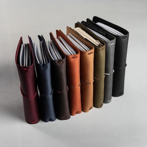 Könnte beinhalten: Eine Sammlung von acht vertikal aufgestellten Notizbüchern mit Ledereinband in einer Reihe, in verschiedenen Farben wie Bordeaux, Marineblau, Dunkelbraun, Hellbraun, Olivgrün, Grau und Schwarz, jeweils mit einem dünnen Gummiband verschlossen.