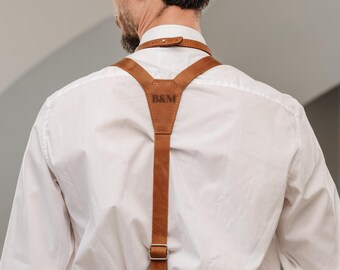 Leather Suspenders, Anniversary Gifts for Him, Y-Back Suspenders, Adjustable Mens Braces for Husband, Groom Outfit, Third Anniversary Gift