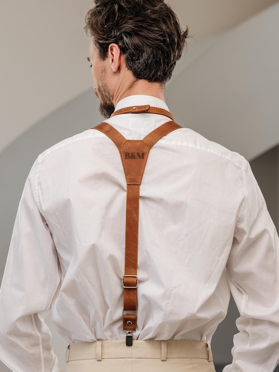 Leather Suspenders, Anniversary Gifts for Him, Y-Back Suspenders, Adjustable Mens Braces for Husband, Groom Outfit, Third Anniversary Gift