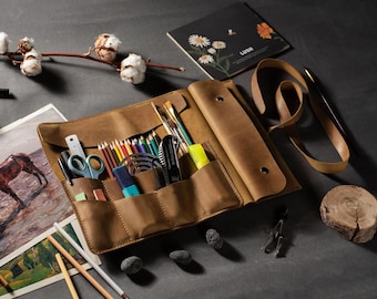Leather Artist Roll, Personalized Tool & Brush Organizer