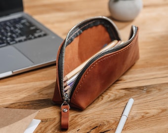 Gepersonaliseerde leren etui, pennenzakje met ritssluiting, aangepast pennenzakje, potloodhouder, pennenhoes, stiftopslag, cadeau leraar