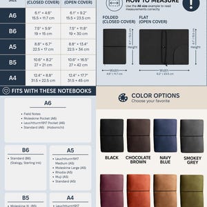 The image is a cover size chart for notebooks, providing measurements and color options for different notebook sizes.