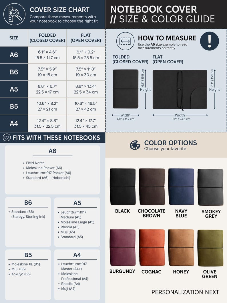 The image is a cover size chart for notebooks, providing measurements and color options for different notebook sizes.