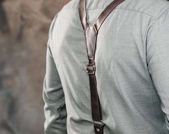 Casual Leather Suspenders for Jeans, Everyday Trouser Braces for Mens Outfit, Y-Back Pant Suspenders, Dad Birthday Gift Idea