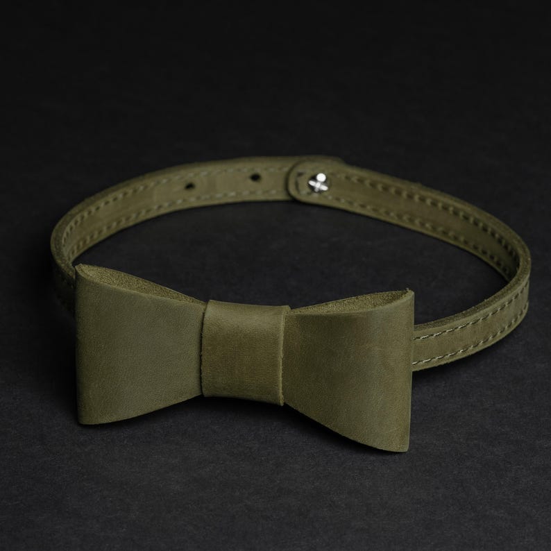 May include: An olive green leather bow tie collar with an adjustable strap. The bow tie is centrally positioned on the collar and has a traditional bow shape. The collar fastens with a silver-coloured snap closure. The background is black.