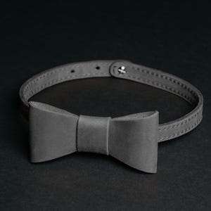 May include: A grey leather bow tie and collar set. The bow tie is a classic shape and is attached to a matching collar with a button fastening. The background is a dark grey.