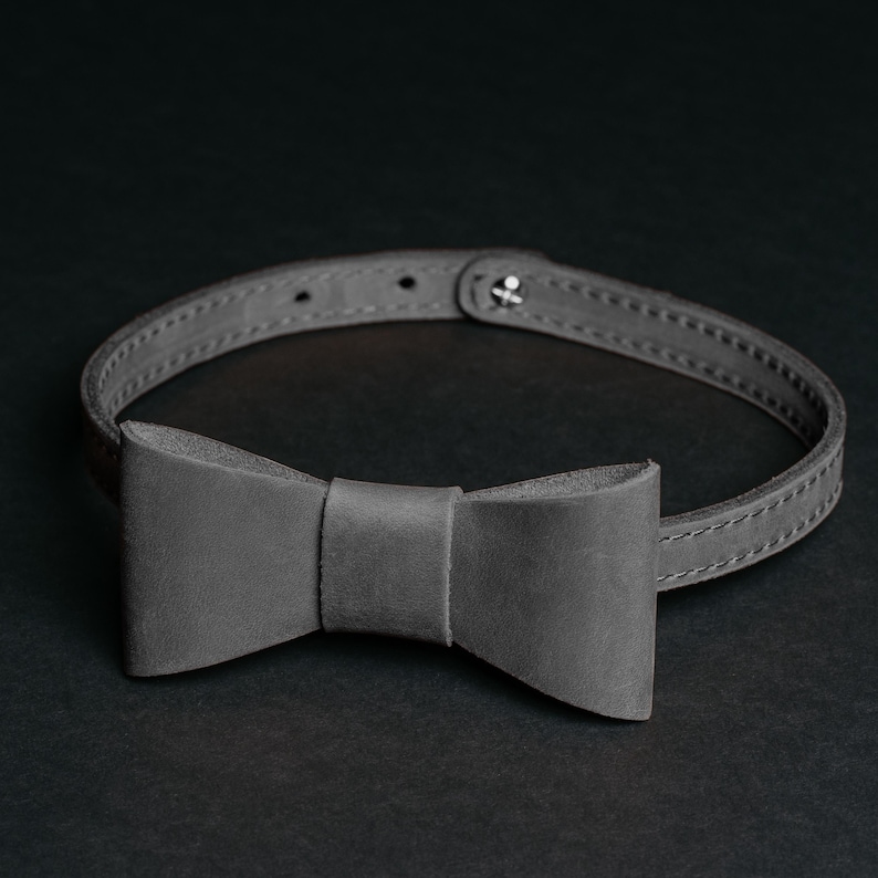 May include: A grey leather bow tie and collar set. The bow tie is a classic shape and is attached to a matching collar with a button fastening. The background is a dark grey.