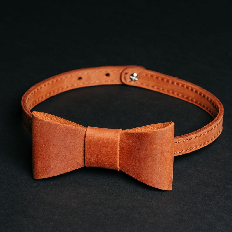 May include: A brown leather bow tie collar with a classic bow shape. The collar is adjustable and features a snap closure. The bow tie and collar are made of a rich, textured leather. The background is black.