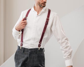 Personalized Leather Suspenders, Burgundy Mens Braces, Custom Wedding Outfit for Him, Groomsmen Braces & Bow Tie Set