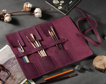 Leather Paintbrush Roll, Brush Case, Paintbrushes Holder Wrap, Art Supply Roll, Artist Travel Organizer