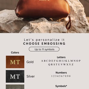 May include: A brown leather pencil case with the embossed text "JOHN W." is displayed. The image also shows options for personalization, including gold, silver, and plain embossing colors, with letters, numbers, and symbols available.