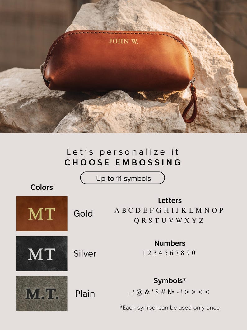 May include: A brown leather pencil case with the embossed text "JOHN W." is displayed. The image also shows options for personalization, including gold, silver, and plain embossing colors, with letters, numbers, and symbols available.
