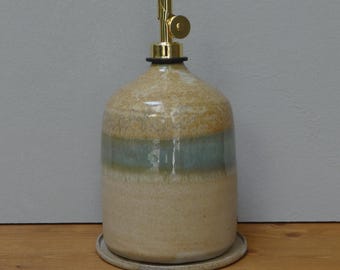 Handmade Ceramic Olive Oil Dispenser with Rest Dish: Green & Brown Kitchen Cruet (750 ml)