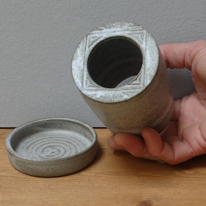 Ceramic toothbrush holder with separate bottom dish - Stamped stoneware bathroom accessory cup