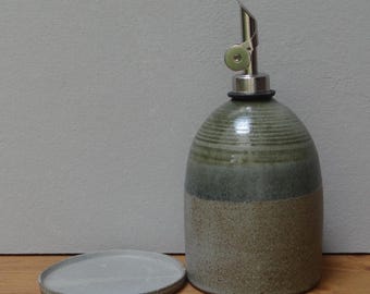 Handmade Ceramic Olive Oil Dispenser with Rest Dish: Forest Green Table Cruet