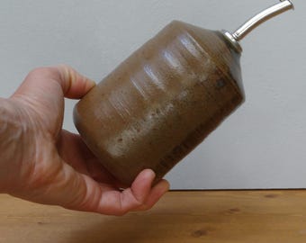 Handmade Ceramic Olive Oil Dispenser: Rustic Brown Kitchen Cruet (420ml)