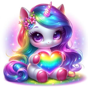 Op de afbeelding: Een schattige cartoon eenhoorn met een regenboogmanen, staart en een roze hoorn. De eenhoorn heeft grote paarse ogen en houdt een regenbooghart vast met het woord "ethereal" erop. Het zit op een bedje van groen gras.