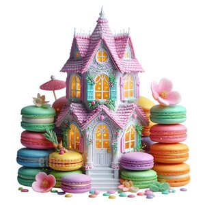 Può includere: Una casa stravagante dai colori pastello con tetto rosa e dettagli intricati, circondata da pile di colorati macarons. La casa presenta finestre illuminate e una porta bianca, con fiori decorativi e un piccolo ombrellone che aggiungono all'estetica affascinante.
