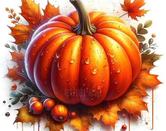 Autumn Pumpkin Clipart, Orange Fall Watercolor Pumpkins, Thanksgiving Harvest Clip Art, Commercial Use