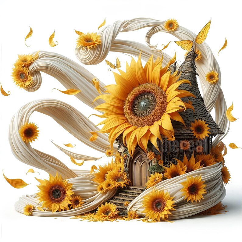 Sunflower Fairy House Clipart, Whimsical Cottage Art (set of 10 ...